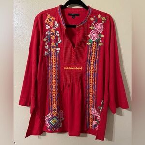 Calessa Red Floral Embroidered Top Linen Blend Size Medium